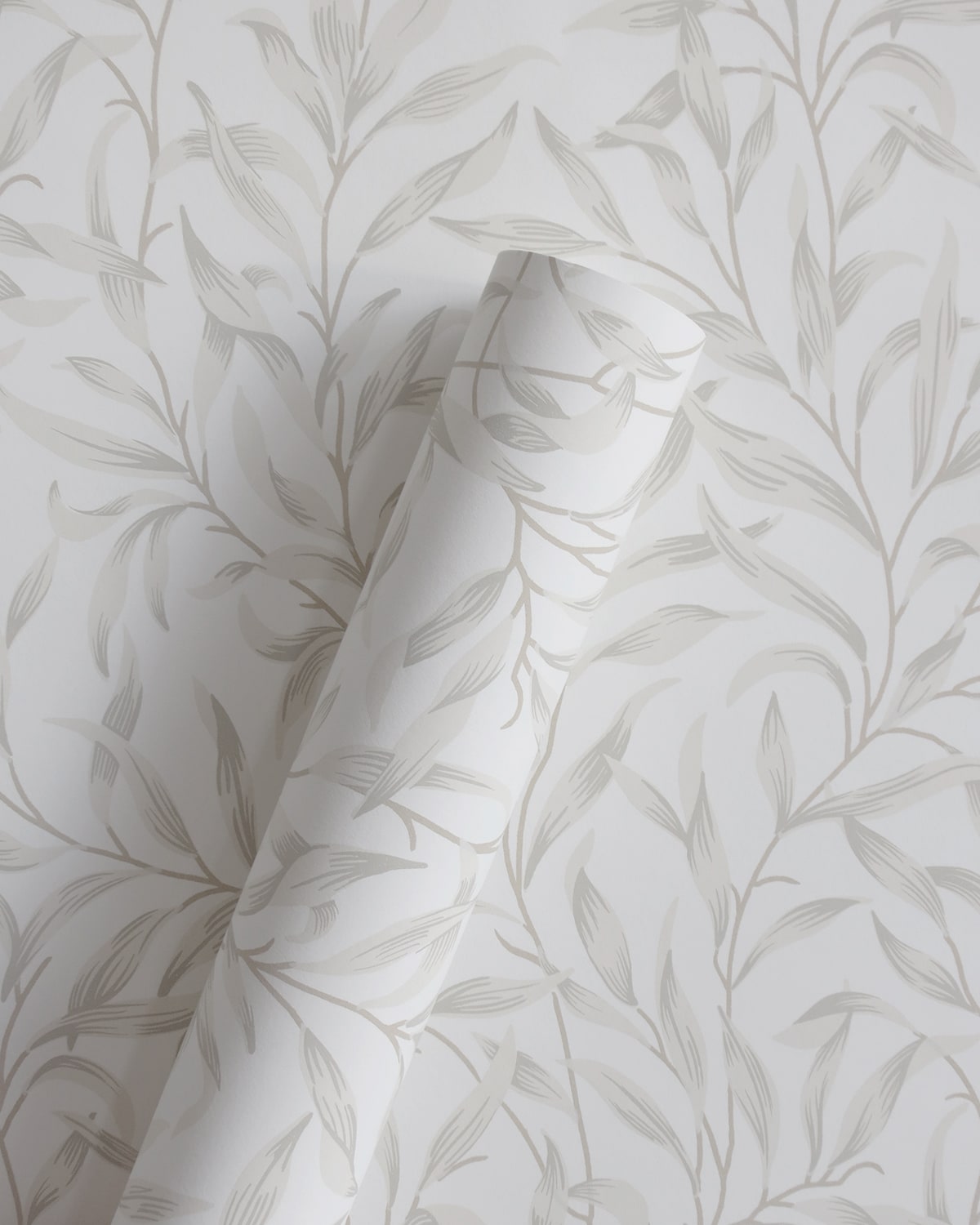 Helice Birch Frost Trailing Willow Leaf Unpasted Wallpaper roll from Finish Theory