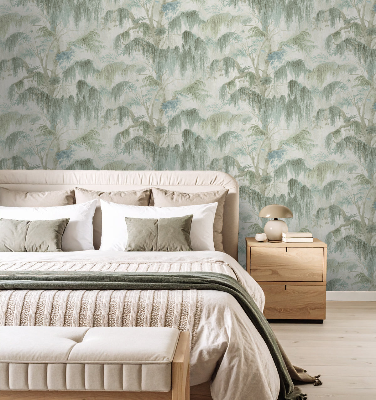 Laylen Green Drizzle Moss Tree Unpasted Wallpaper Bedroom from Finish Theory